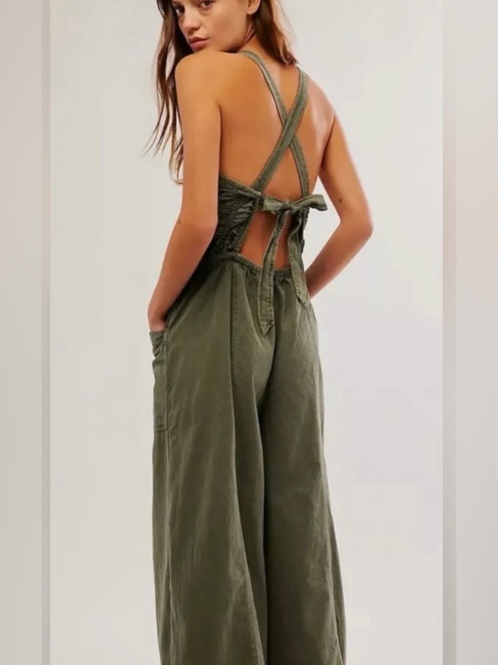 Free People Forever and Always Ruched Cotton Wide-Leg Jumpsuit Size XL NWT - Picture 4 of 16
